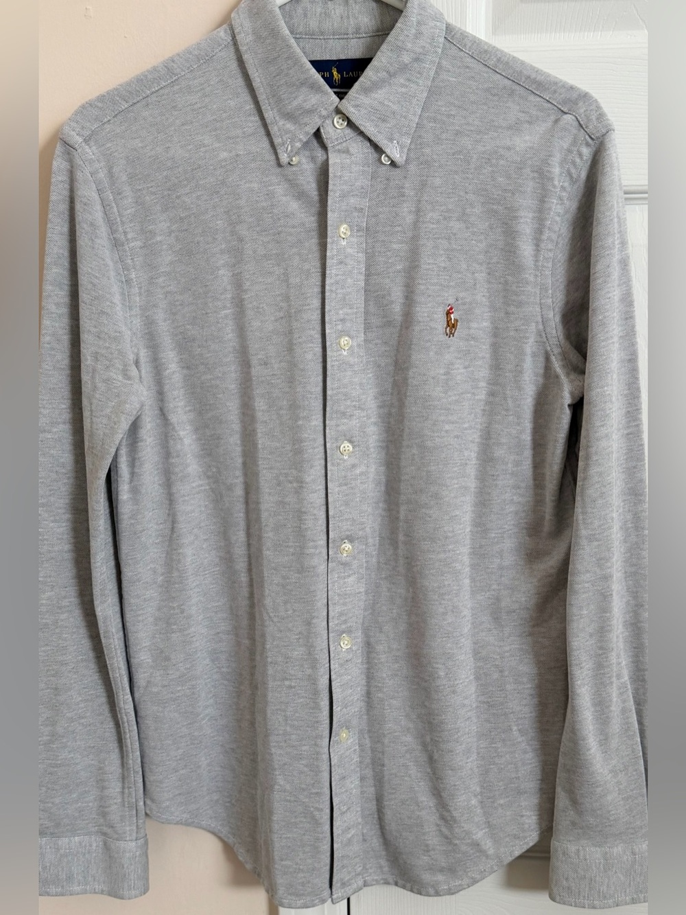 Ralph Lauren Knit Oxford Long Sleeve Button Up Gray Mens M Flesh Polo Pony